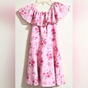 Girls Pink Ruched Tiered Sundress Off-Shoulder Eyelet Built In Slip EUC